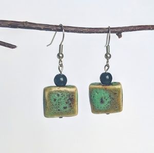 Artisan Glazed Deep Sea Green Brown Earrings
